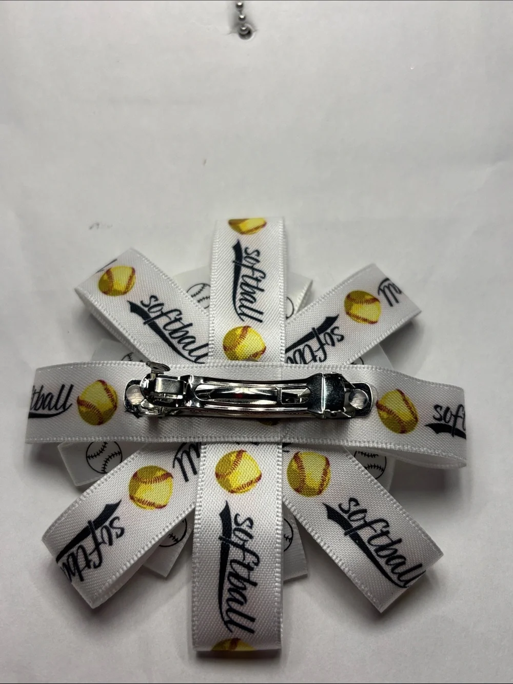 White Softball Ribbon Hair Bow with Softball Center